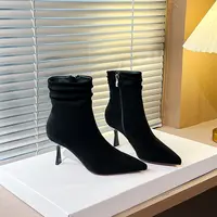 卡绿色短靴高跟2025年秋冬新款法式细跟后拉链裸靴尖头弹力瘦瘦靴