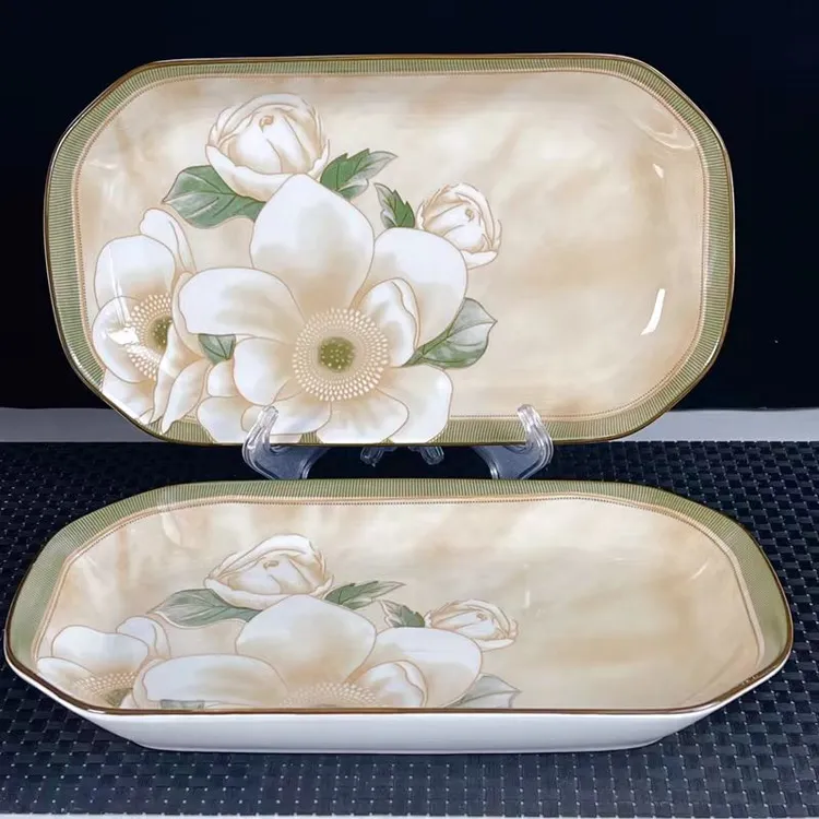 2只装山茶花30cm鱼盘家用蒸鱼盘陶瓷盘子