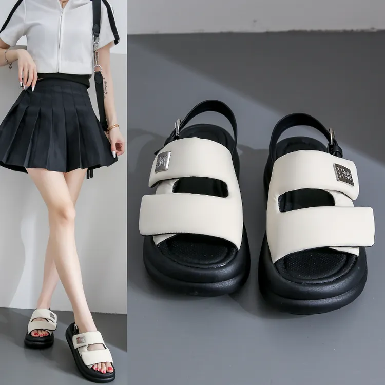 厚底凉鞋女2025年夏季新款黑色百搭软底增高松糕鞋便捷魔术贴女鞋