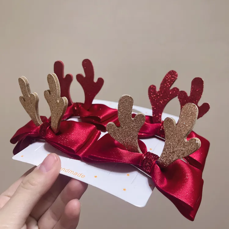 儿童发饰圣诞节立体鹿角发夹女孩红蝴蝶结顶夹圣诞树老人头饰