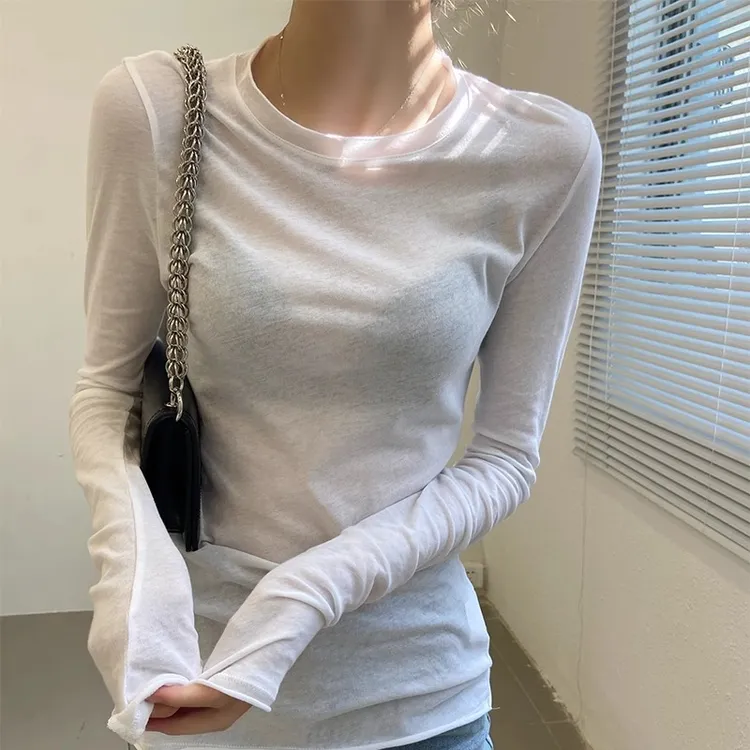 白色2025欧货小衫修身长袖t恤圆领打底衫女早春新款爆款上衣薄款