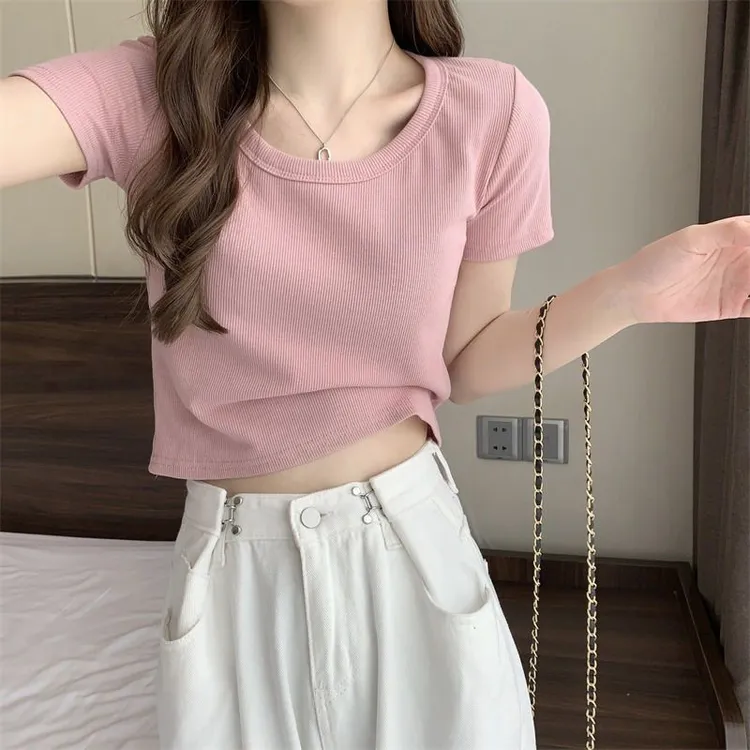 针织粉色正肩短袖t恤女夏夏季辣妹修身显瘦体恤薄款短款上衣