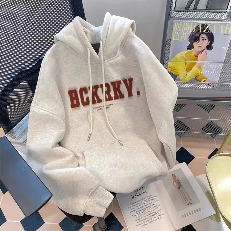 美式复古灰色连帽银狐绒加厚棉卫衣女秋冬oversize潮牌外套女生