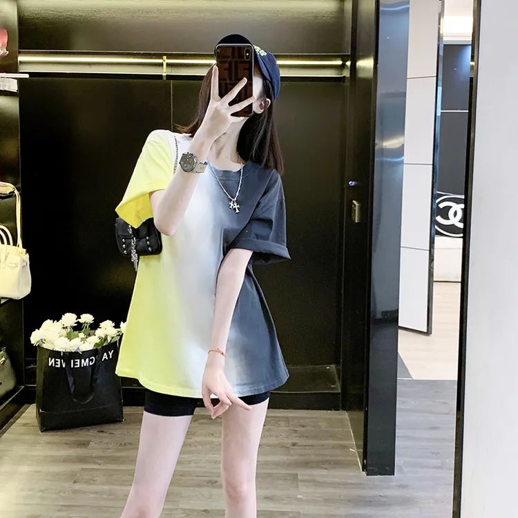 夏季渐变色短袖t恤女宽松欧货大版洋气设计感小众复古上衣