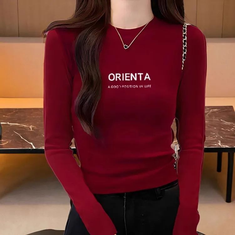 2025新款酒红色短款正肩打底衫女内搭秋冬修身加绒长袖T恤上衣ins