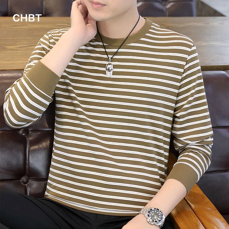 CHBT春秋季长袖T恤男圆领条纹休闲帅气上衣中青年弹力男士打底衫