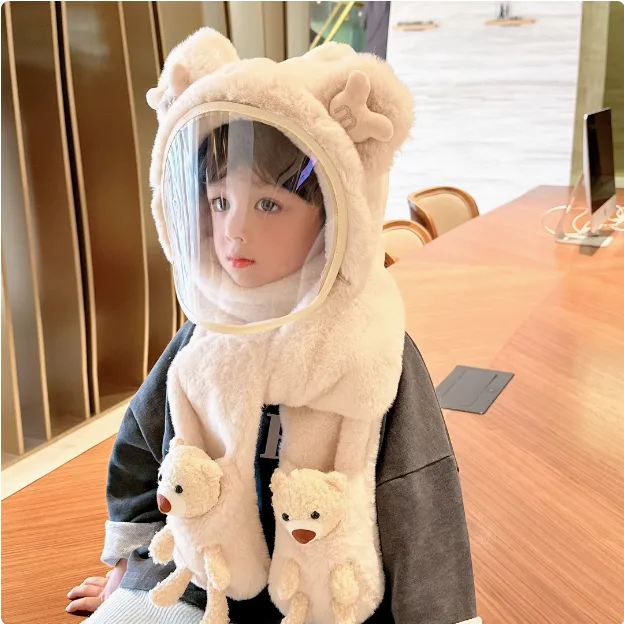 儿童帽子冬季保暖面罩骑行帽毛绒男女童护耳围巾手套一体防风帽