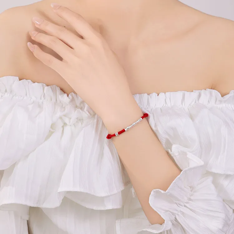 足银手链 竹节情侣可调节大小男女皆可戴寓意节节高升红色绳编