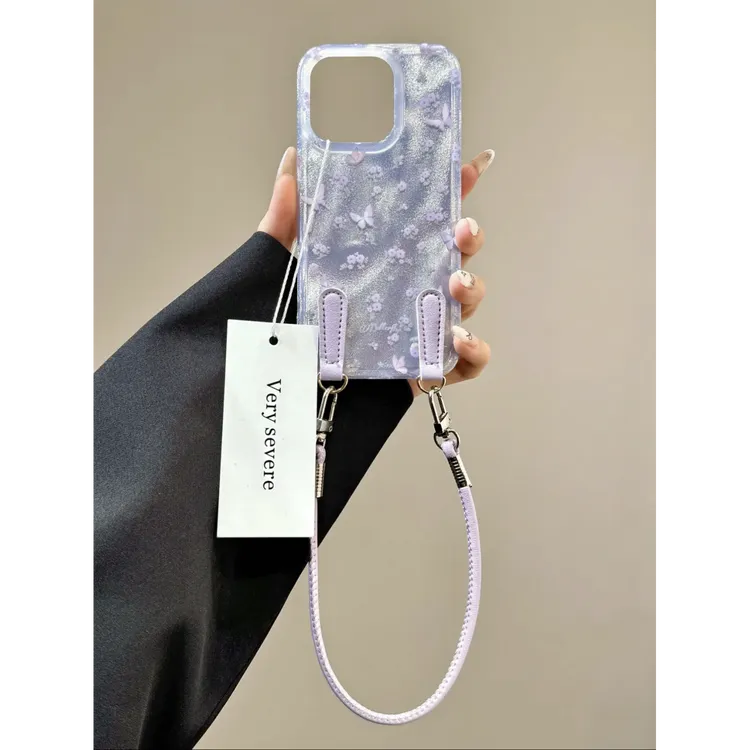 小清新紫色花朵蝴蝶适用苹果16/15手机壳iPhone14promax挂绳13/12