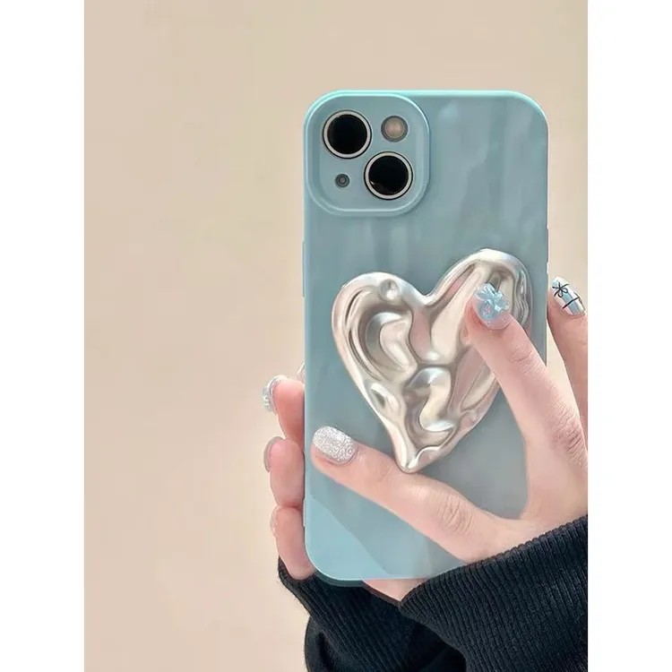 高级感立体褶皱爱心支架iphone15苹果14promax手机壳13蓝色11女12