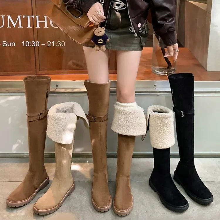 外翻绒面毛毛鞋平底骑士靴2025秋冬新款加厚百搭绒雪地过膝长靴女