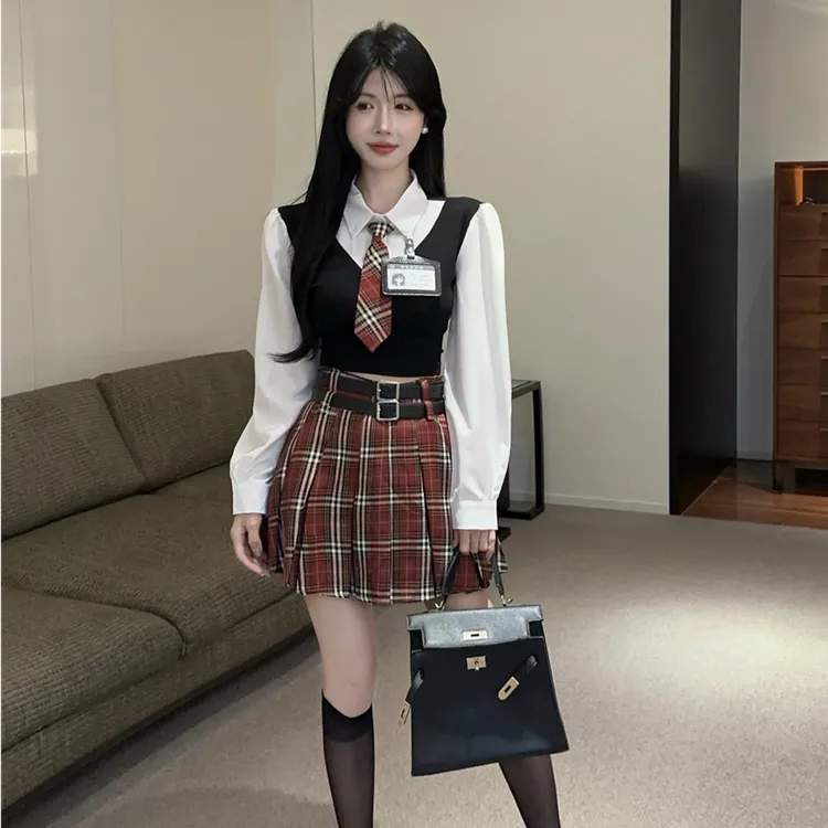 复古美式辣妹学院风jk制服套装假两件长袖衬衫女红格百褶裙两件套