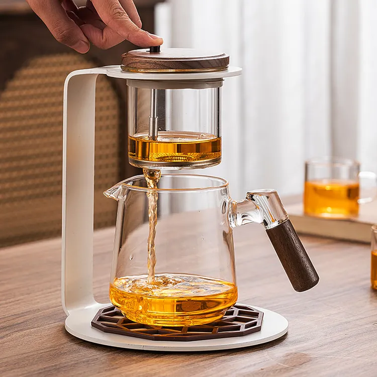叙锦自动茶具懒人泡茶器玻璃飘逸杯高档茶具冲茶器木把泡茶壶防爆