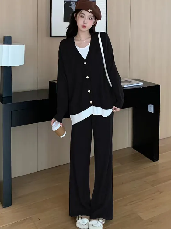 名媛炸街轻熟休闲风慵懒风针织拼接套装高级感欧货时尚两件套秋冬
