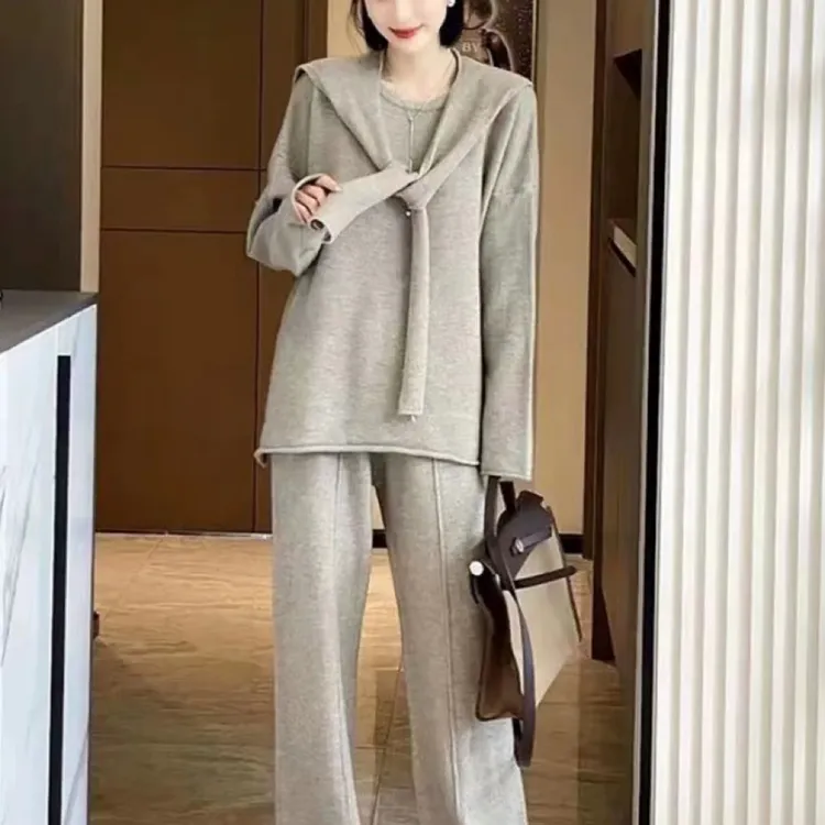 秋冬新款宽松显瘦套头针织套装女2023直筒阔腿裤长裤纯色三件套潮