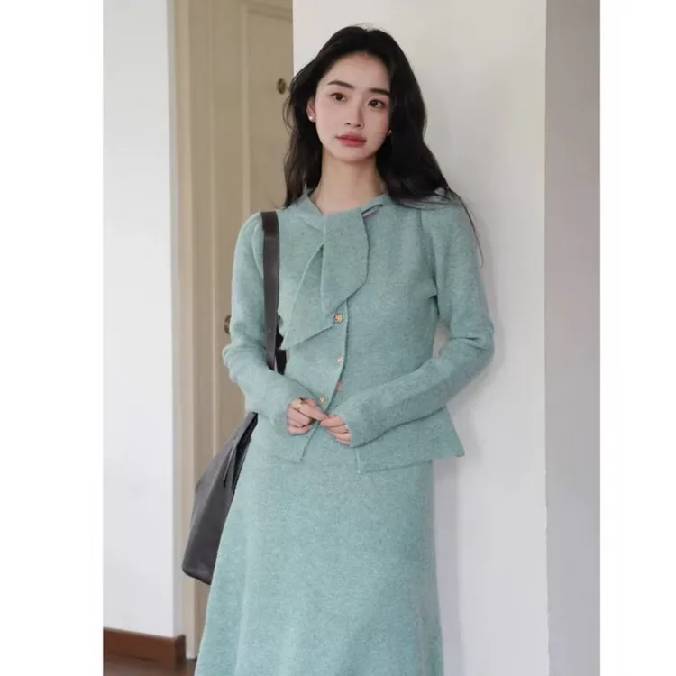 法式优雅冬季套装女针织半身裙一整套ootd穿搭新款领带系带纯色潮