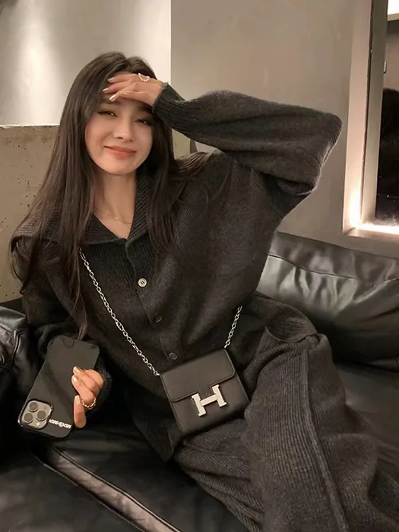 春秋季新款穿搭一整套针织休闲套装宽松高级感上衣阔腿红色套装