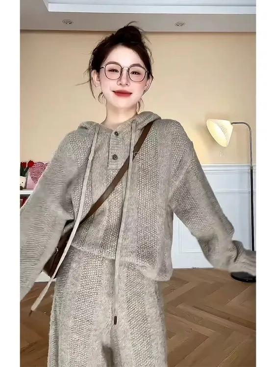 高端连帽针织套装女慵懒风秋冬针织温柔立体纹路卫衣阔腿裤两件套