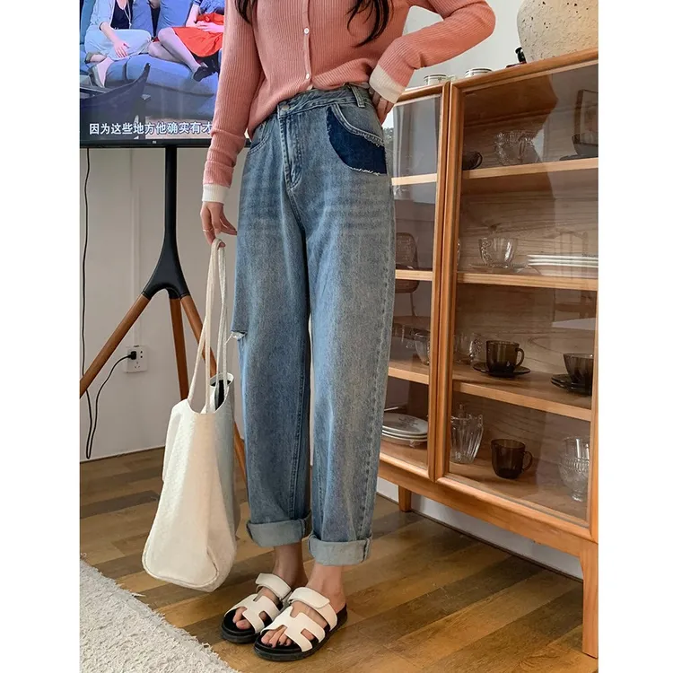 设计感蓝色显瘦破洞牛仔裤女春秋复古新款宽松韩版高腰直筒休闲裤