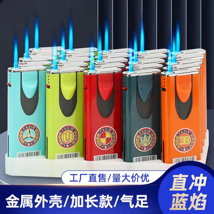 新款下拉式金属打火机蓝焰直冲循环创意打火机车标彩印图案商超