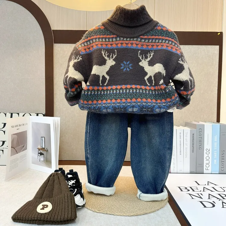 【梅花鹿】新年红色圣诞鹿高领男童套头针织毛衣女童大童冬季