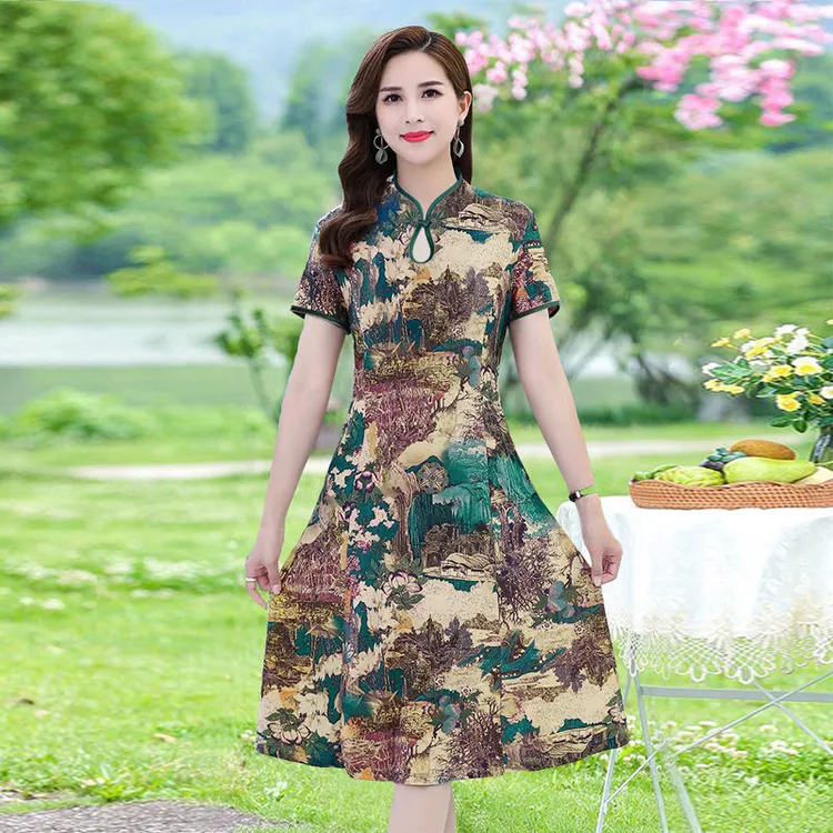 常熟新中式显瘦柔软弹力旗袍妈妈装连衣裙夏装中年大码中老年女装