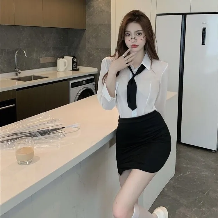 【衬衣+裙+领带】内衣清纯秘书装薄款制服性感睡衣御姐白色薄款睡裙