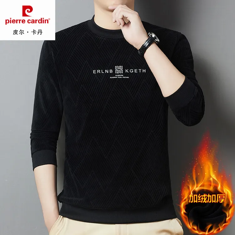 皮尔卡丹秋冬男士奥粒绒卫衣中年时尚休闲圆领加绒加厚毛衣打底衫