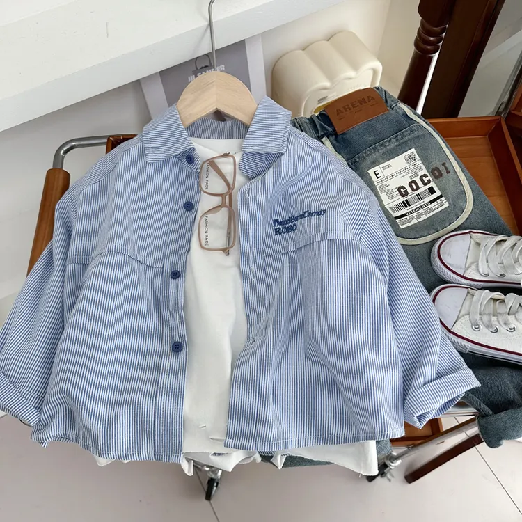 男童衬衫春秋装2025新款儿童条纹个性衬衣外穿中小童宽松帅气上衣