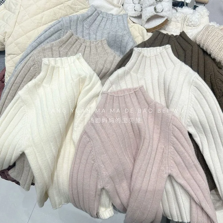 男女童毛衣25秋冬季儿童纯色坑条半高领打底衫小女孩百搭套头线衣
