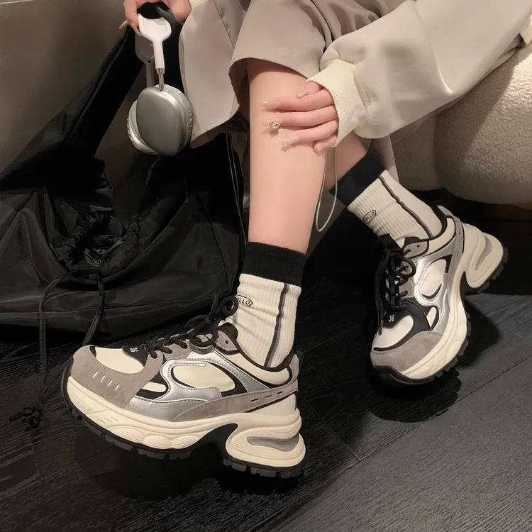 港风2024款松糕厚底拼接百搭运动休闲老爹鞋女网红小众