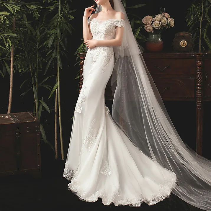 鱼尾长款2021新款新娘小个子女一字肩森系出门纱法式显瘦星空礼服