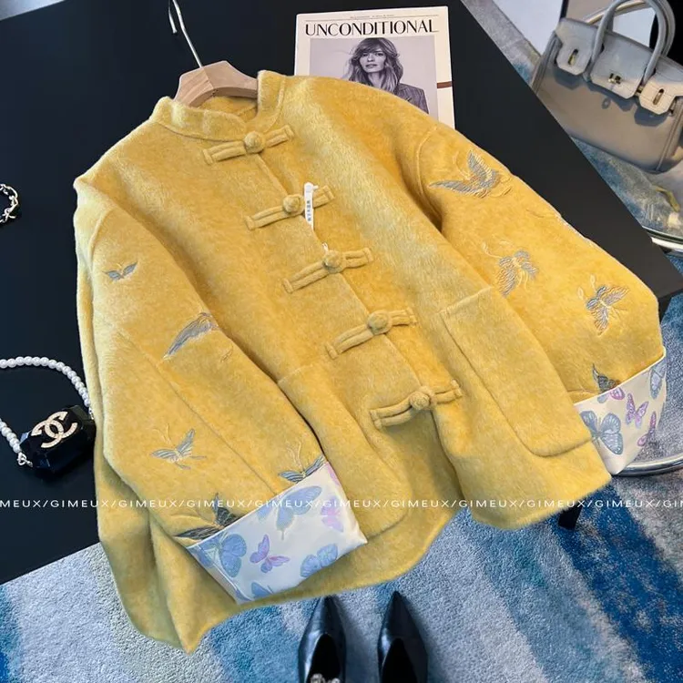 新中式国风毛呢外套女2025冬新款双面羊绒桑蚕丝兔毛唐装呢子大衣