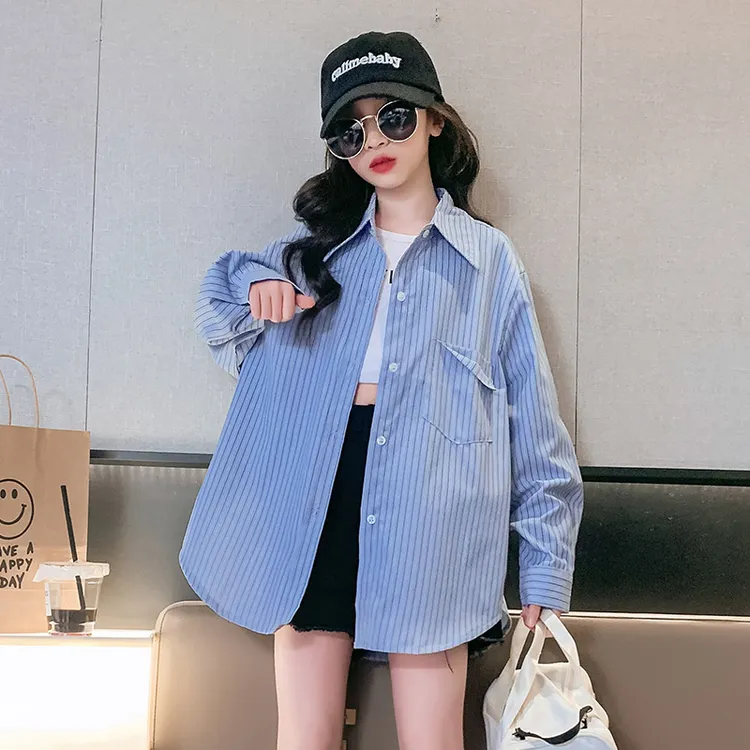 女童衬衫春秋2025新款大童女孩洋气好看长袖上衣儿童蓝色条纹衬衣