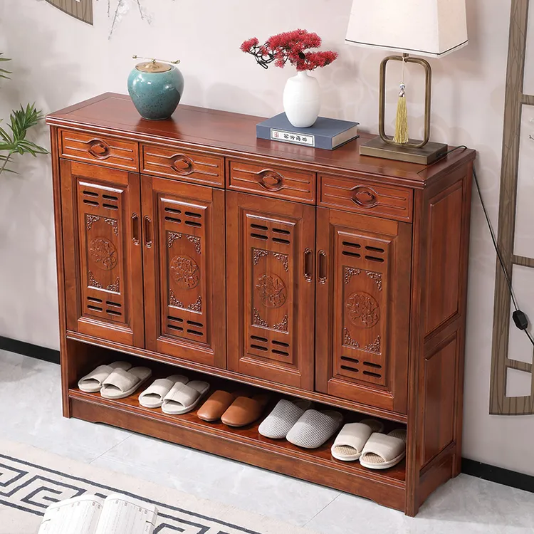 新中式实木鞋柜客厅门厅入户收纳柜家用大容量储物柜香樟木雕花柜