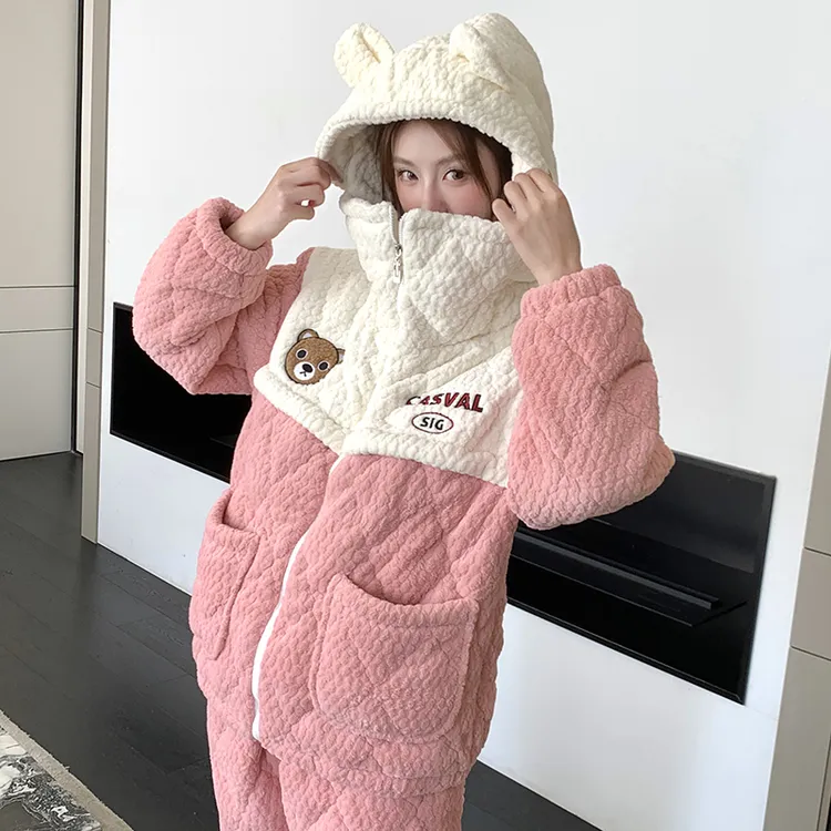 【5度-零下10度】冬季夹棉三层加绒加厚加大码孕妇喂奶哺乳孕妇睡衣