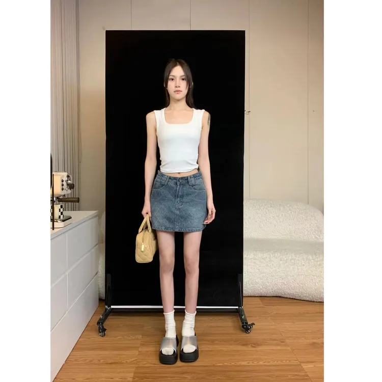 肚子6598形钩花牛仔裙女装夏高腰显瘦半身裙百搭短裙夏季修身气质
