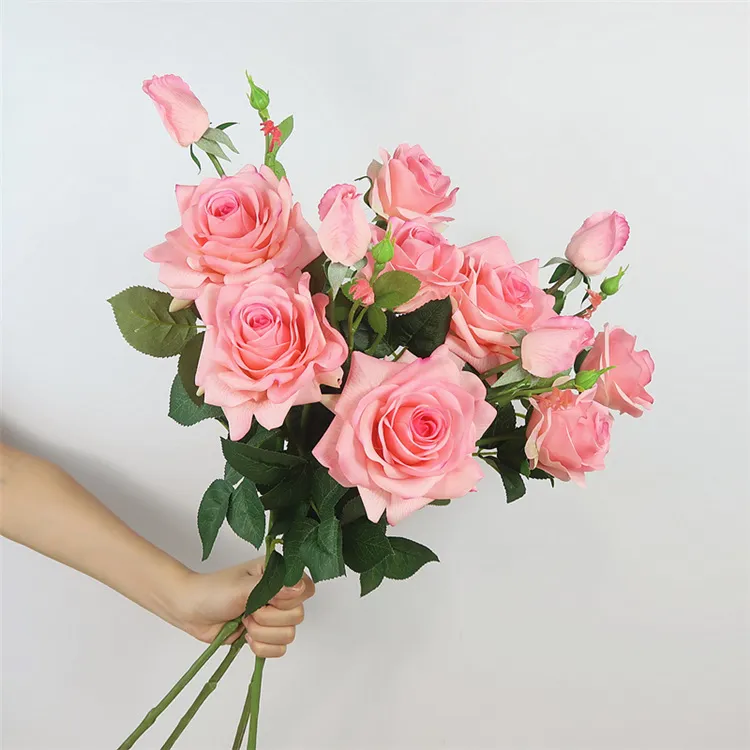 欧式逼真手感保湿仿真玫瑰花绢花假花水晶玫瑰花瓶插花装饰摆件