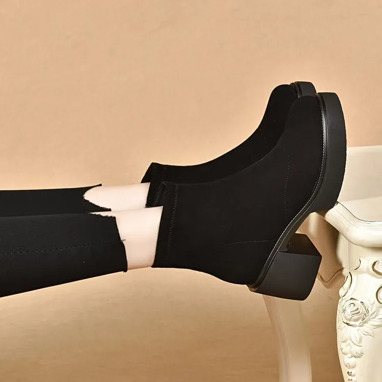 2025秋冬季新款真皮磨砂羊皮圆头中跟粗跟舒适百搭时尚休闲短靴女