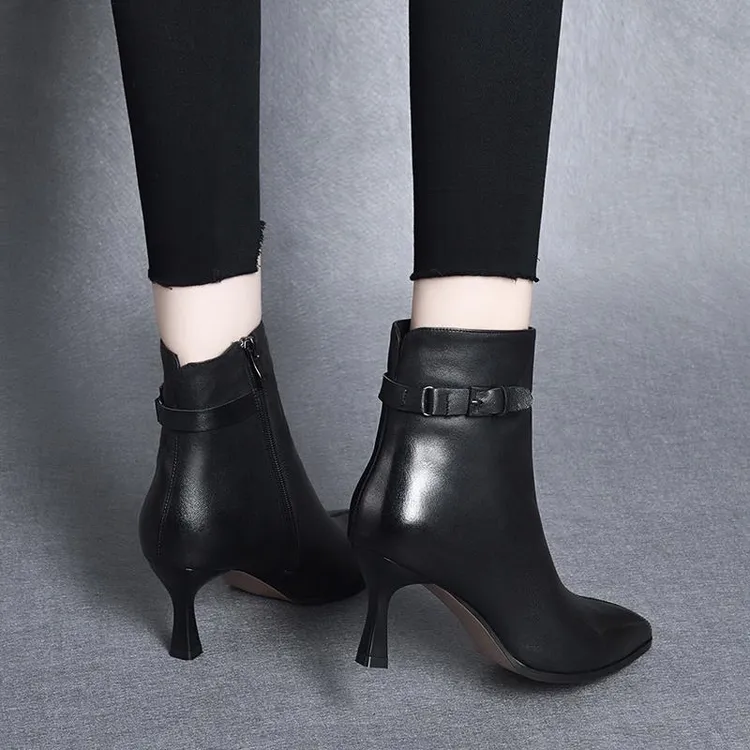 真皮高跟鞋设计气质2025年新款秋冬短靴尖头细跟真皮冬季加绒棉靴