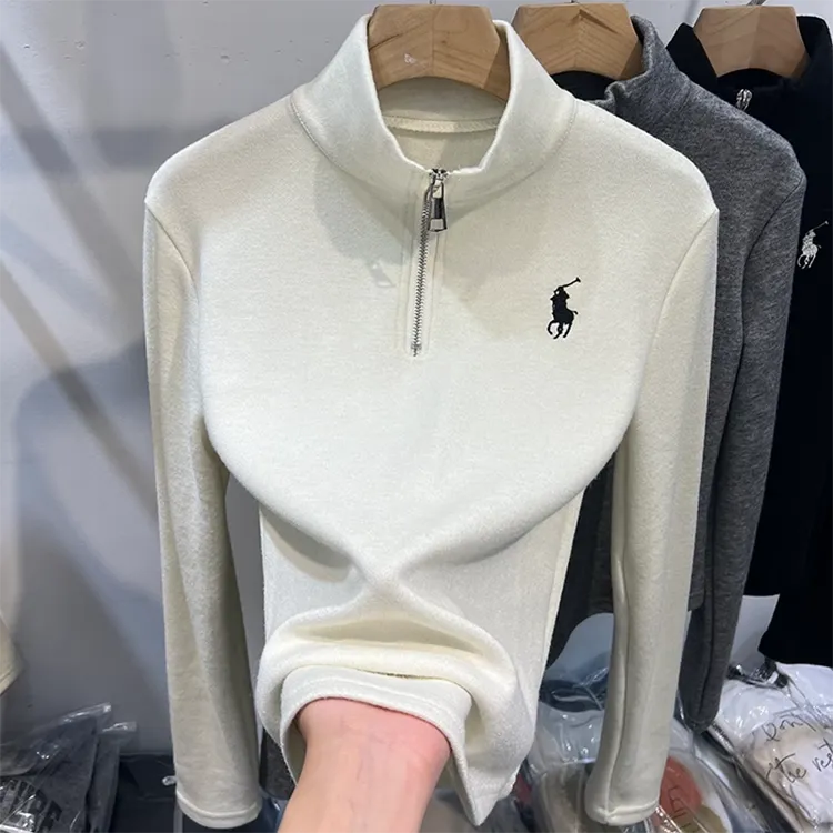 加厚德绒小马刺绣拉链立领长袖T恤女春秋内搭打底衫宽松显瘦上衣