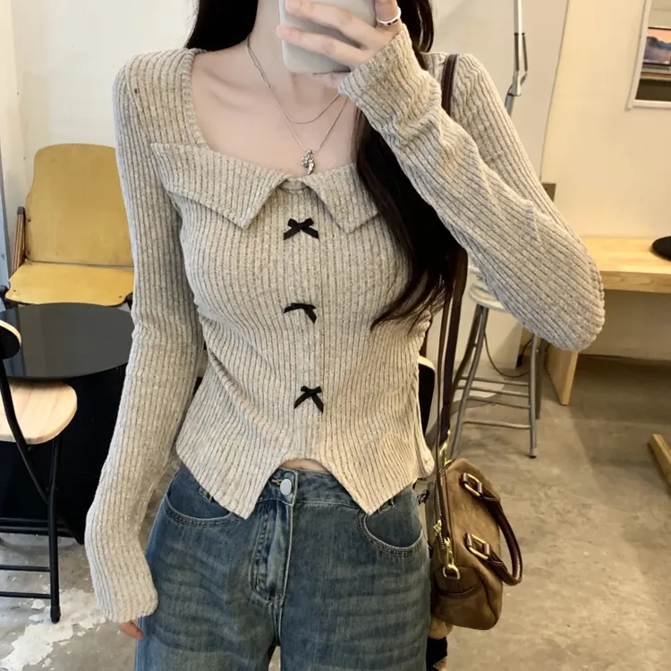 美式复古蝴蝶结方领长袖t恤女秋季收腰显瘦辣妹内搭打底衫短上衣