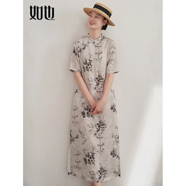 如也官方正品水墨画中国风半开复古亚麻印花国风旗袍 梦回｜36190