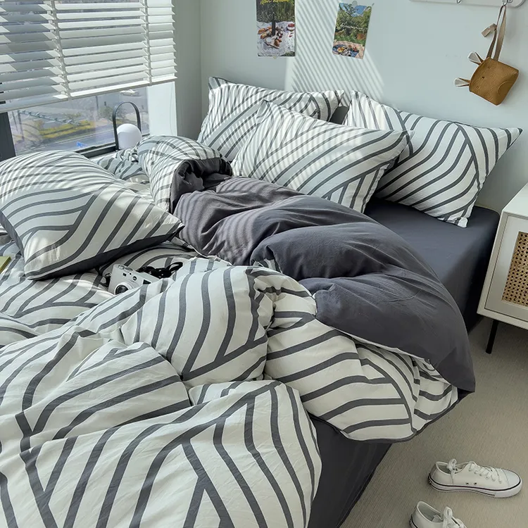 简约男生四件套非纯棉全棉亲肤水洗棉床单被罩宿舍三件套床上用品