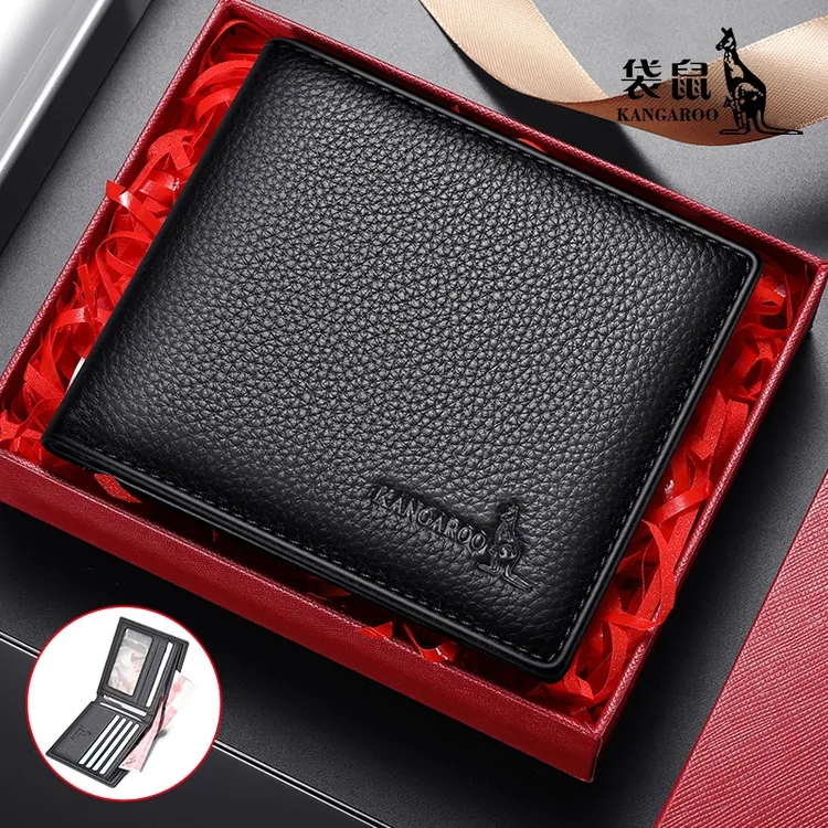 袋鼠钱包男士真皮皮夹头层牛皮横款短款青年个性商务休闲钱夹超薄