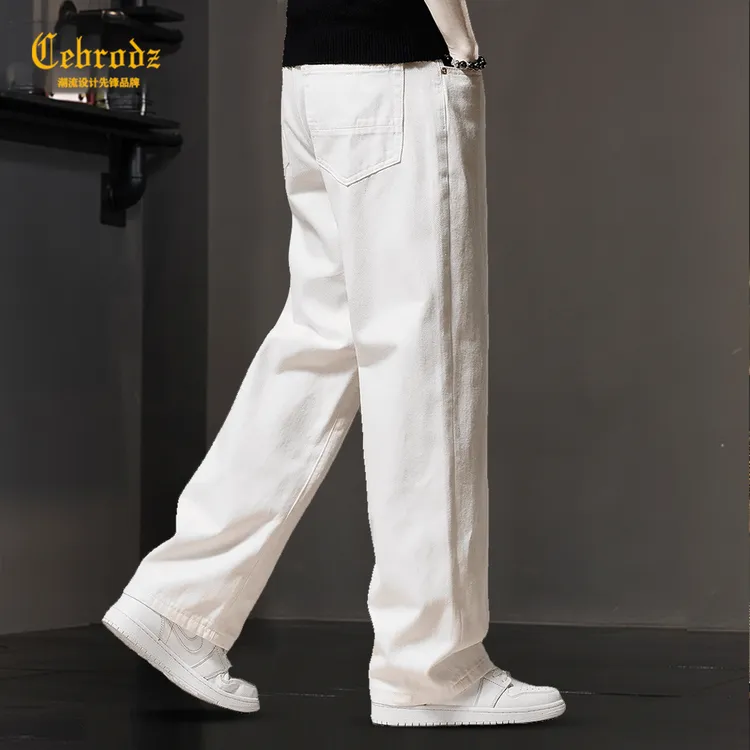 法国Cebrodz秋季新款白色男牛仔裤子男士宽松直筒百搭大码休闲裤
