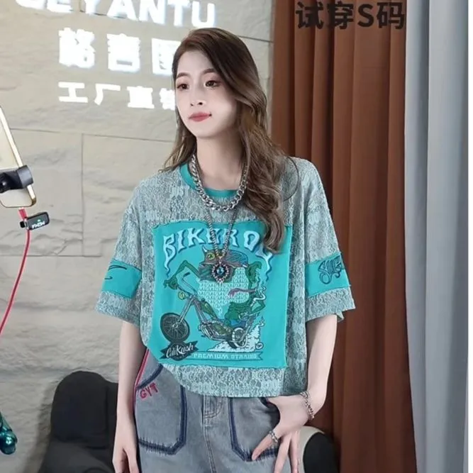 欧洲站2025夏季新款洋气休闲字母印花圆领T恤女潮流蕾丝短袖上衣