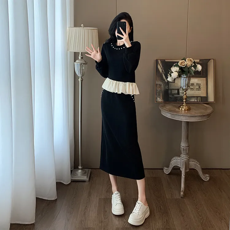 名媛气质时尚套装女秋季高档黑色小香风长袖上衣包臀半身裙两件套