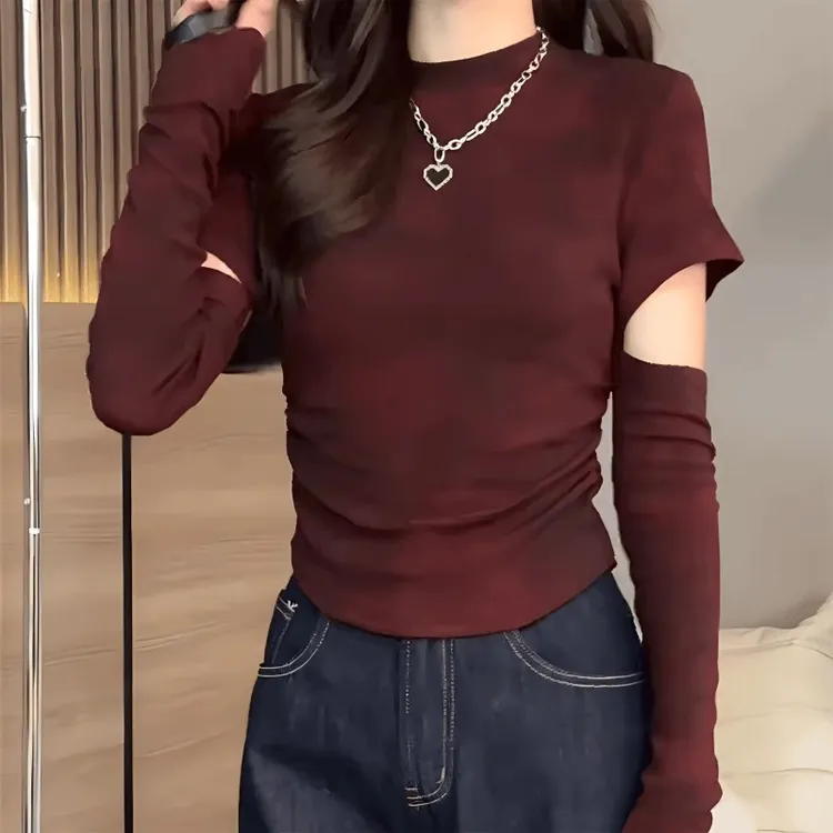 胖妹妹大码女装设计感别致割破长袖T恤美式复古扎染收腰正肩上衣