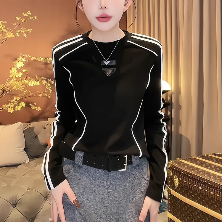 大码女装秋冬圆领明线设计感条纹长袖T恤胖mm收腰显瘦打底衫上衣